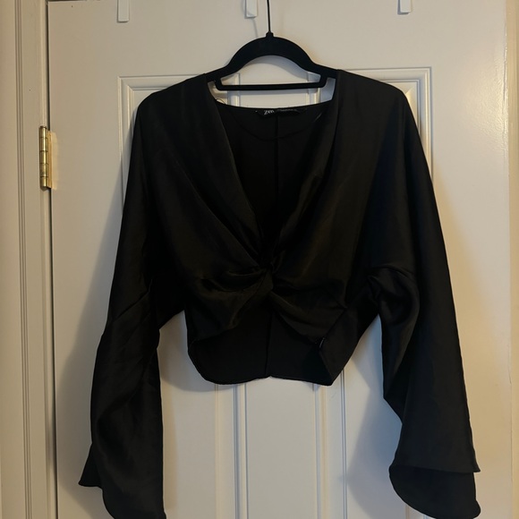Zara Black Satin Twist-Front Crop Top - Picture 3 of 10